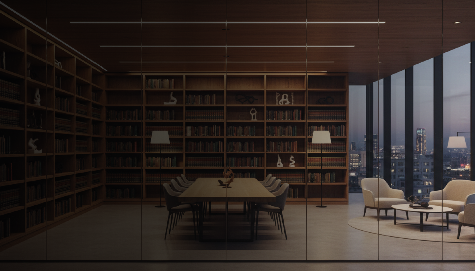 Modern office lounge with city skyline view at dusk