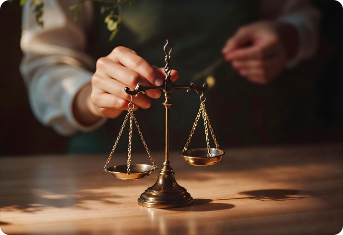 Scales of justice on a desk during a business meeting
