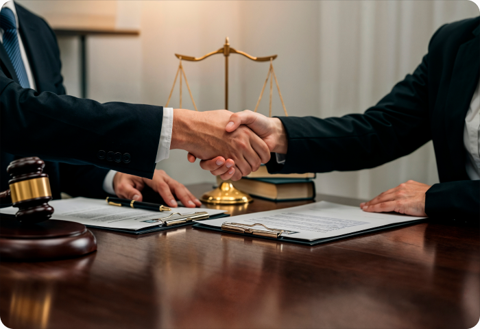 Two people shaking hands over a signed contract