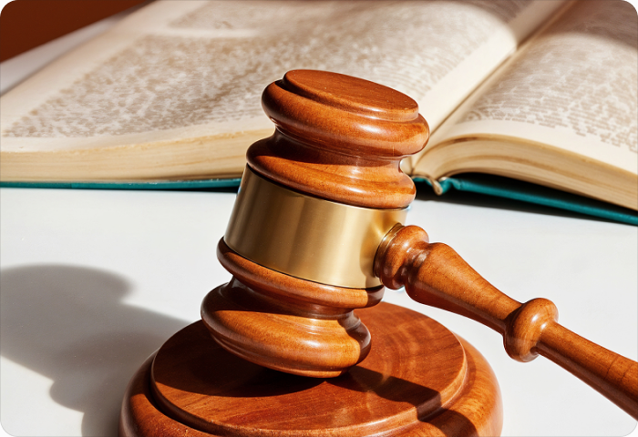 Judge's gavel resting on an open law book